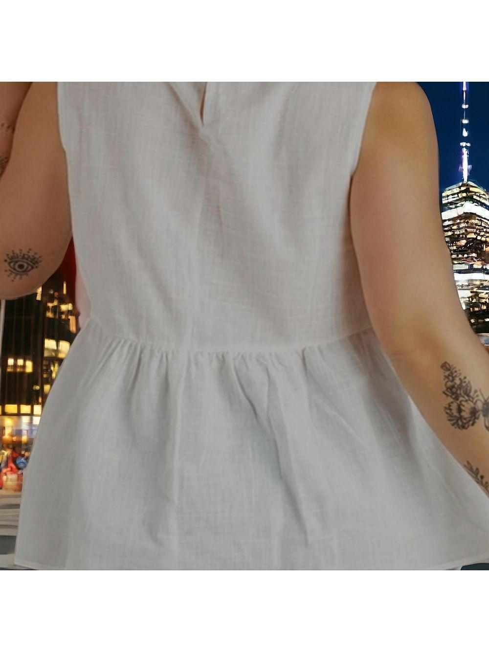 #03XX NWT White Embroidered Sleeveless Peplum Blouse Boho Floral Lace Top Medium - Picture 7 of 8